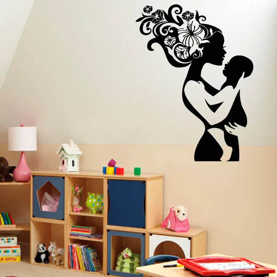 Floral Hair Mother With Baby Removable Wall Stickers Moms Bedroom Art