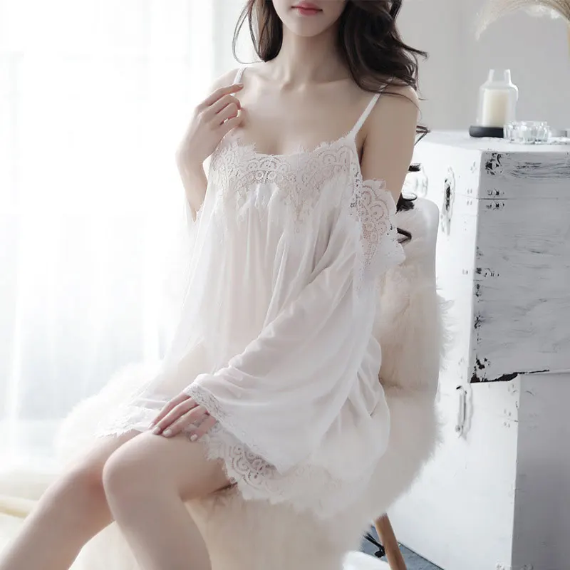 

Sexy Lingerie Sexy Sling Off-the-shoulder Pajamas Perspective Mesh Gauze Lace Nightdress Set