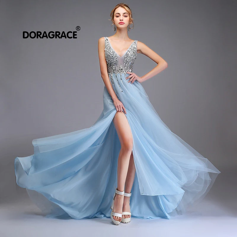 

Doragrace robe de soiree Sexy Deep V-Neck Backless Side Split Crystal Beaded Long Prom Dresses Evening Gowns
