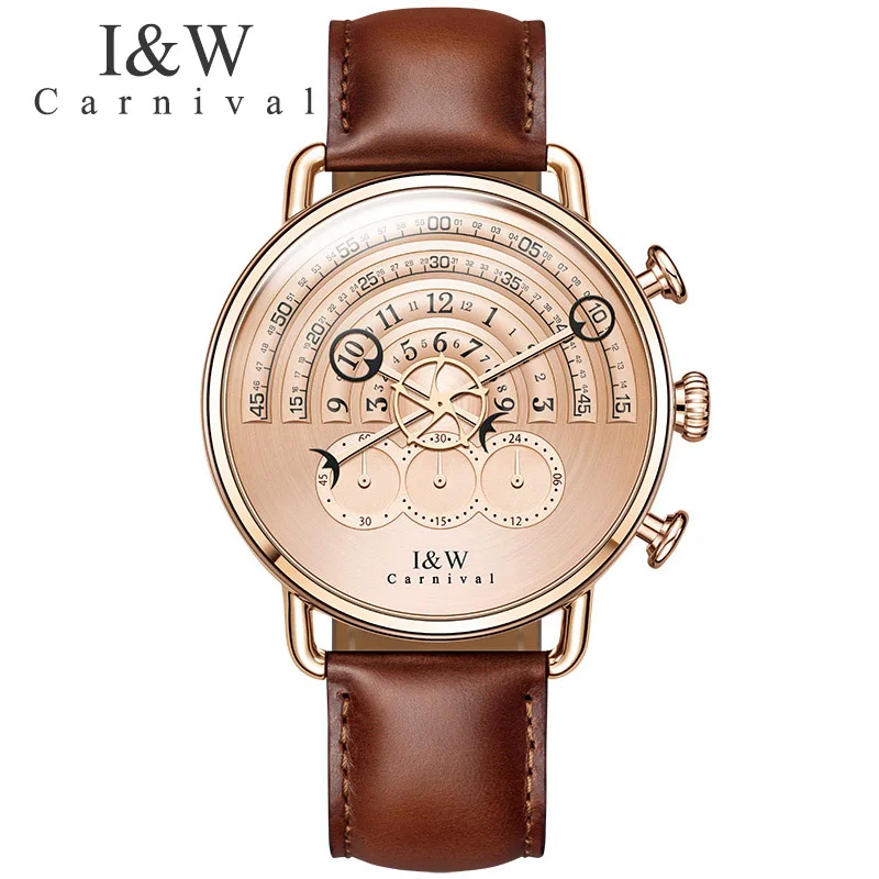 

Unique Design Carnival Chronograph Sports Quartz Watch Men Stainless steel Leather Wristwatches Sapphire Rose gold Case