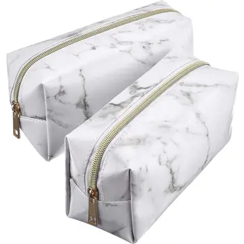 

2 Pieces Cosmetic Toiletry Makeup Bag Pouch Gold Zipper Storage Bag Marble Pattern Portable Makeup Brushes Bag