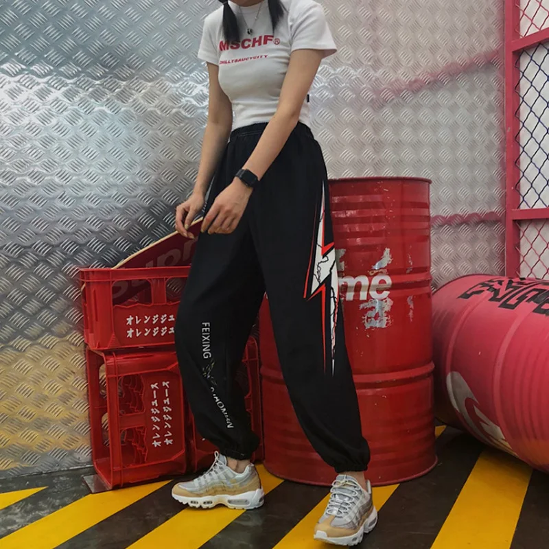 Ladies 2019 Lightning print Student Hiphop Punk Summer Harajuku style High Street Elastic High Waist Straight Pants Women Ladies 2019 Lightning print Student Hiphop Punk Summer Harajuku style High Street Elastic High Waist Straight Pants Women