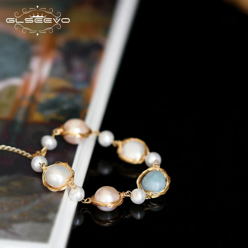 

GLSEEVO Handmade Natural Fresh Water Pearl Blue Stone Adjustable Bracelet For Women Wedding Jewellery Pulseira Feminina GB0126