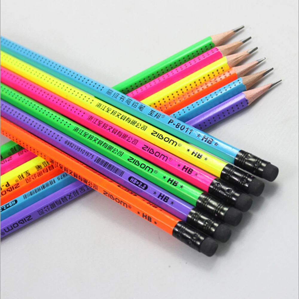 

1 piece/lot Fluorescence Color Painting Hexagonal HB Pencil With Eraser Office School Stationery Pencils Writing Tool Pencil