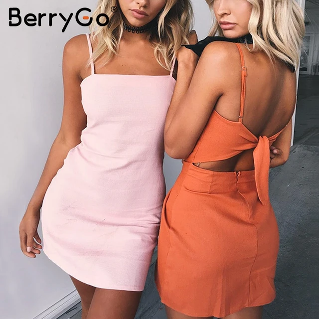 BerryGo Bow casual linen sexy dress Backless 2017 beach summer dress women sundress Slim fit bodycon white short dress vestidos 1