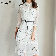 Повседневные летние платья с принтом в виде белых звезд, комплект из 2 предметов, женские рубашки с отложным воротником и поясом, мини платье, шифоновое платье