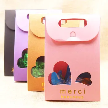 

10pc Multi color gold"Merci" Candy Bag French Thank You Wedding Favors Gift Box Package with heart clear window box15.5*10*6cm