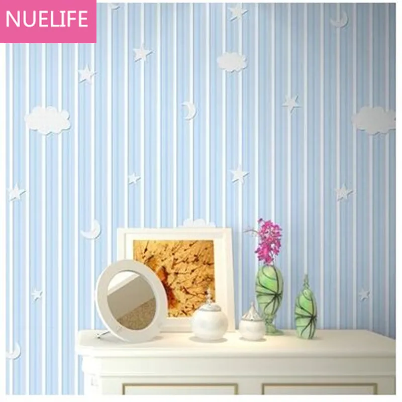 

0.53x10 Meter Boy girl children room non-woven wallpaper vertical striped star moon pattern blue living room bedroom wallpaper