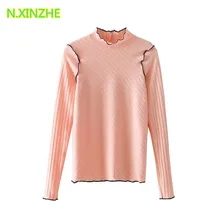 Женская одежда длинный рукав стоячий воротник соединенный контрастный цвет Футболка трикотажные топы женские повседневные модные тонкие хлопковые футболки