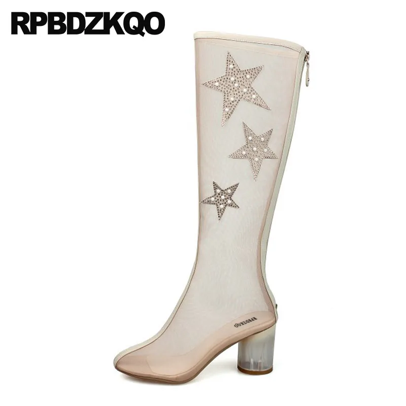 Beige Blanc Talon Bottes Clair D'été Longues blanc Marque Mariage Transparent Chunky Hautes Haute Rhinestone Femmes rouge Genou De Sandales Cristal Mesh Chaussures n0n7Hxr