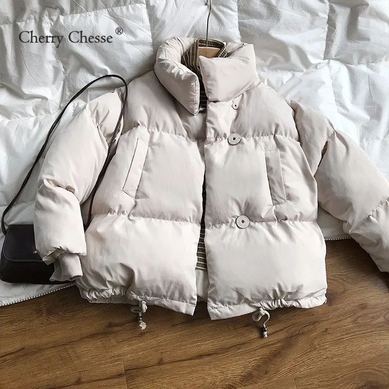 Cherry Chesse Women Winter Thick Parkas Long Sleeve Drawstring Button Pocket Turn Down Collar Padded Female Warm Coat Fashion Cherry Chesse Women Winter Thick Parkas Long Sleeve Drawstring Button Pocket Turn Down Collar Padded Female Warm Coat Fashion