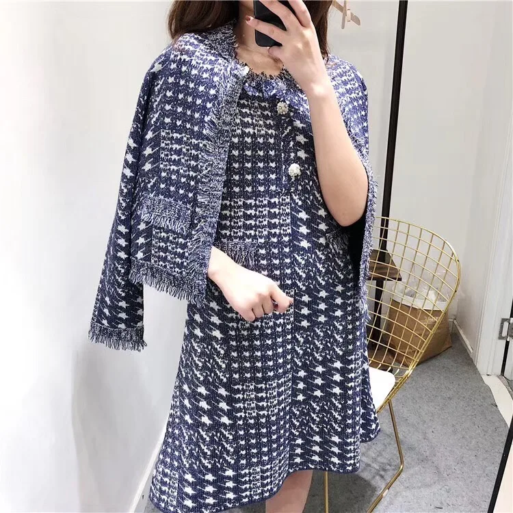 

Summer Fall New Women's Graceful Tassel Jacquard Long Sleeve Knitted Sweater Cardigan + Pearl Button O-neck Dress 2 Piece Set