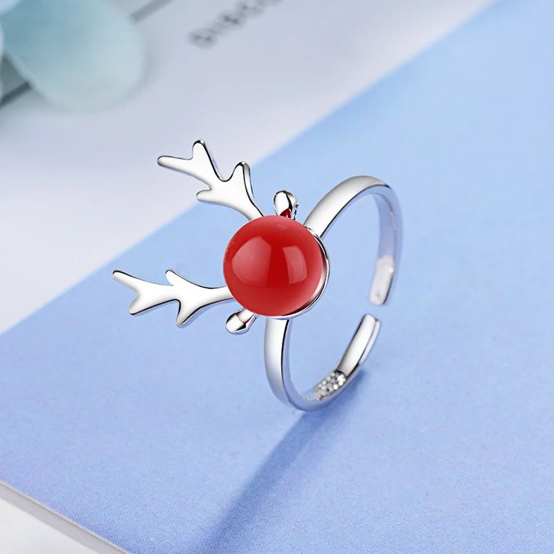 Anillo de perlas cuerno de ciervo alce piedra roja para mujer, temperamento coreano femenino, dedo índice moda, regalo de Navidad| Anillos| - AliExpress