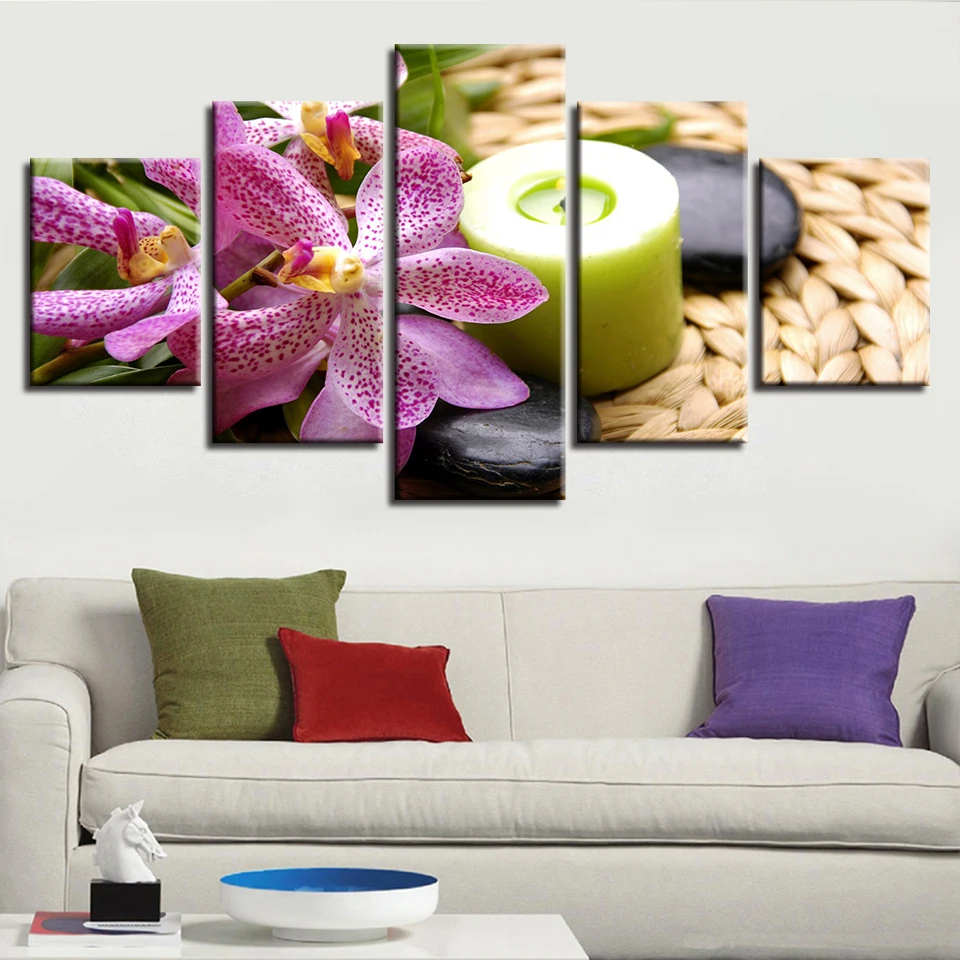 Canvas-Painting-Home-Decor-HD-Prints-Pictures-5-Pieces-Orchid-Flower-And-SPA-Stones-Poster-Modular