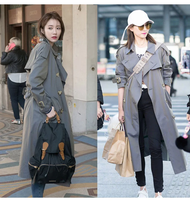 Корейский женский Повседневный сплошной цвет двубортный пояса для верхней одежды пальто шикарный погоны дизайн длинный серый Тренч для офисных дам