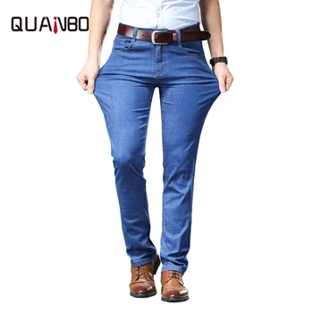 

QUANBO Brand Plus size 46 Stretch jeans 2019 New Summer Thin Light blue Trousers Slim fit Straight Business Casual Denim Pants