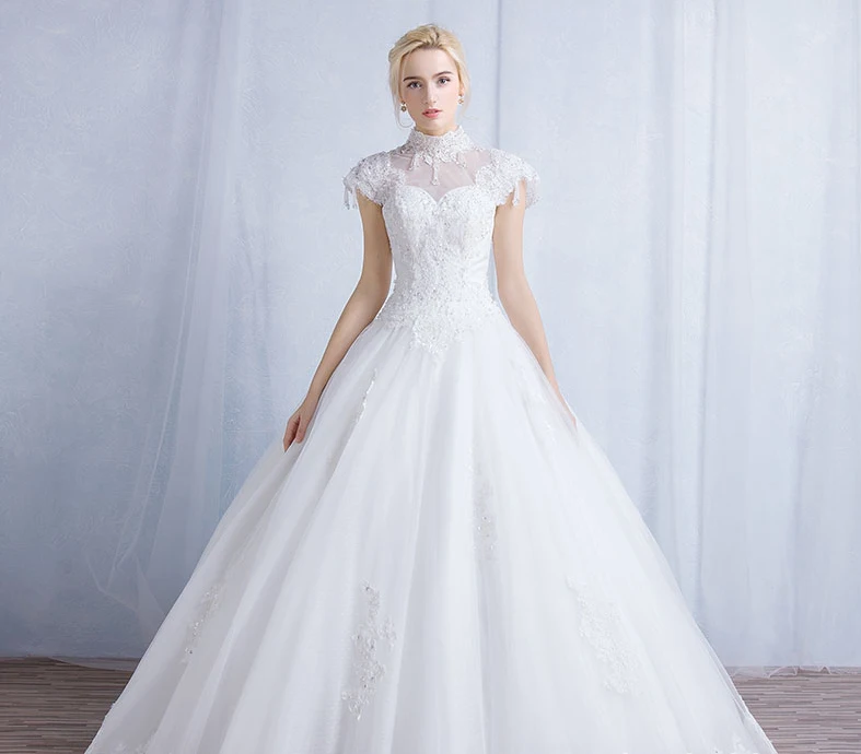 Ball Gown font b Wedding b font font b Dress b font Short Sleeve High Neck