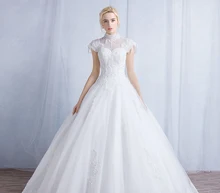 Ball Gown Wedding Dress Short Sleeve High Neck Applique Beading Lace-up Long Vestido De Noiva NM 759