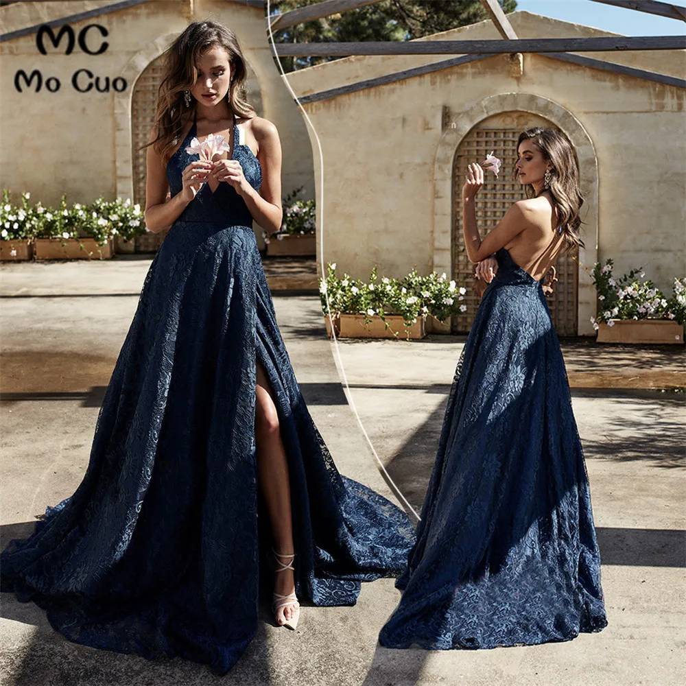 

Dark Blue Prom Dresses Evening Gown with Lace Women's dress for graduation Front Slit Evening Party Prom Gowns