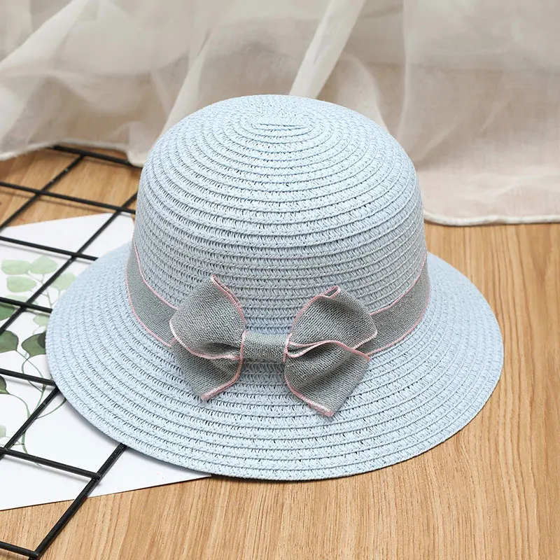 Летняя соломенная шляпа для девочек с бантом, ручная вязка, пляжная кепка, простая повседневная шляпа, 5 цветов - Цвет: Небесно-голубой
