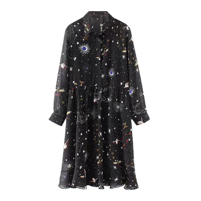 

PERHAPS U black planet print universe chiffon turn down collar knee length dress long sleeve a line autumn dress elegant D0694