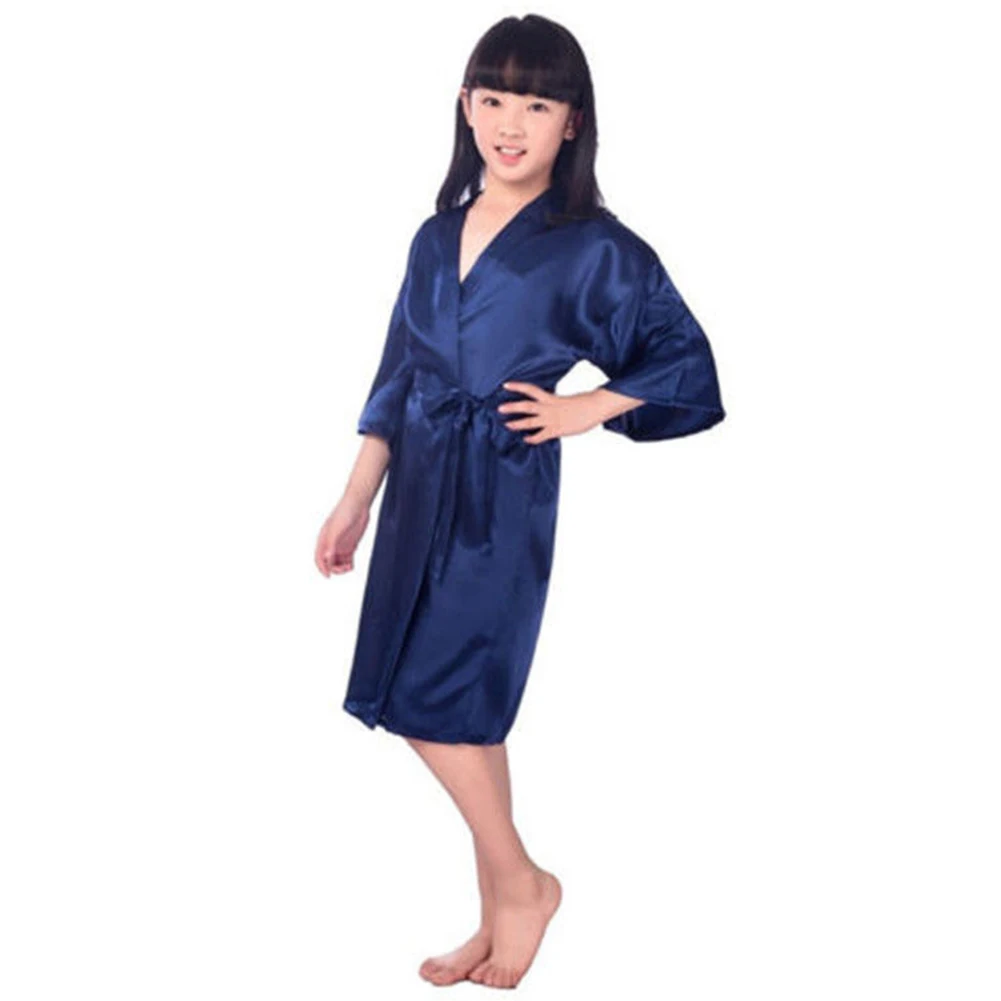 New Arrival Baby Girls Kid Silk Satin Kimono Robes Bathrobe Sleepwear Nightdress Wedding Flower Girl Solid Loose Night Dress - Цвет: dark blue