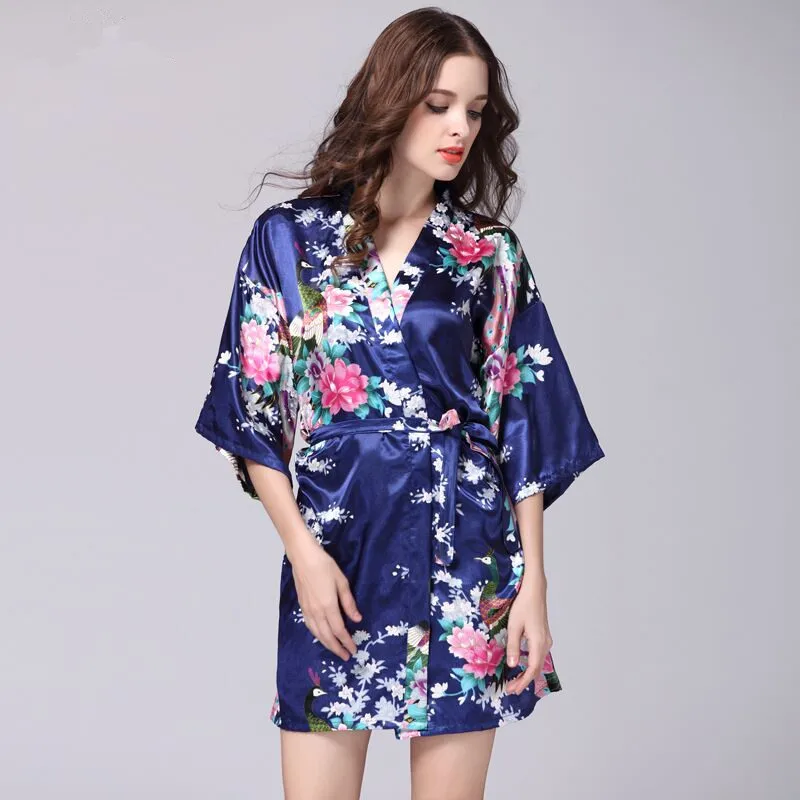 Плюс размер темно-синий женский ночной халат кимоно Женский Искусственный шелк банное платье летняя одежда для сна Peafowl Размер S M L XL XXL XXXL Srj01 - Цвет: Navy Blue