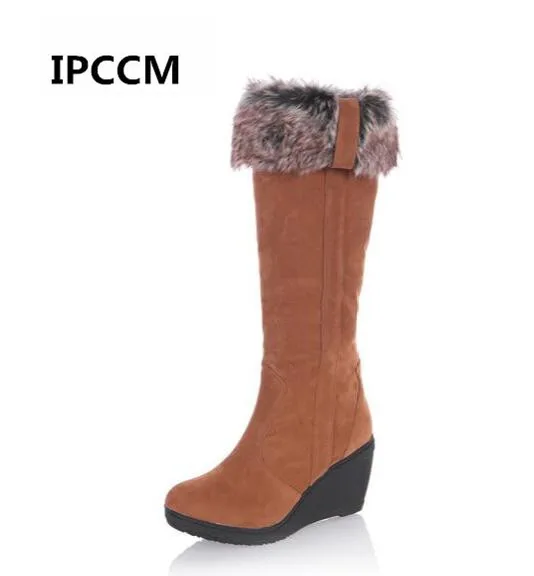 

IPCCM 2018 NEW Wedges High Boots Women Warm Boots Black 3 Ways Wear Suede Knee-high Women Snow Boots