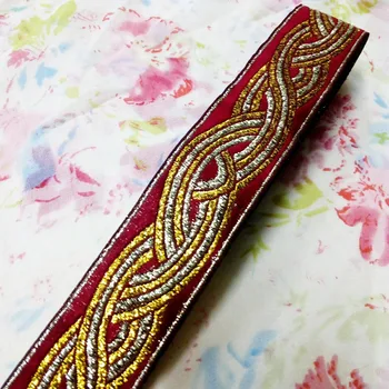 

4cm 40mm 1-5/8 Wine Red Golden Pet Dog Collar Folk Filigree Costume Curtain Laciness Lace National Jacquard Ribbon Woven Webbing