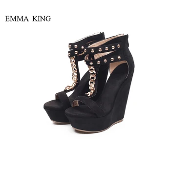 

Summer Gladiator Sandals Women Rivets Studded Open Toe Wedges Sandals High Heels Sexy Gold Chains Design Platform Shoes Woman