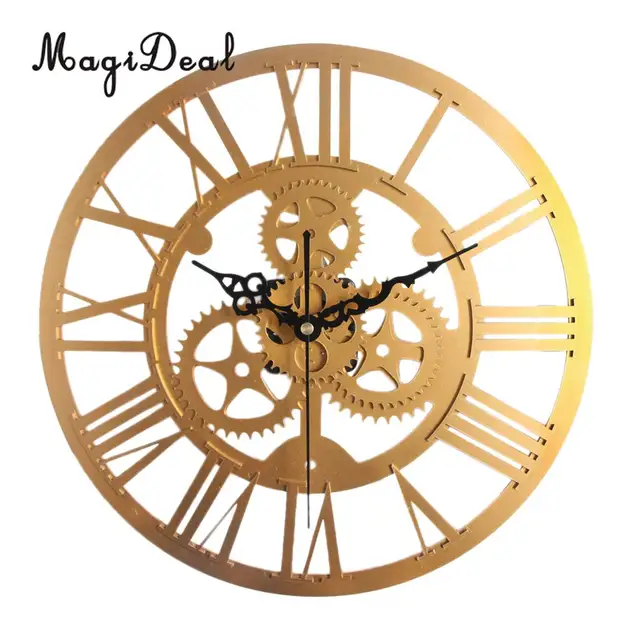 magideal 35cm round gear wall clock roman numerals open face modern