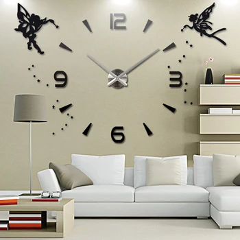 

Large Wall Clock Quartz 3D DIY Big Decorative Kitchen Clocks Acrylic Mirror Stickers Angel Oversize Wall Clock Home Decor Gift