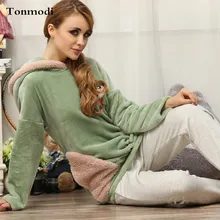 Женская пижама зимняя Пижама с капюшоном Коралловая флисовая Пижама утолщенная ночная рубашка Пижамный пуловер комплект