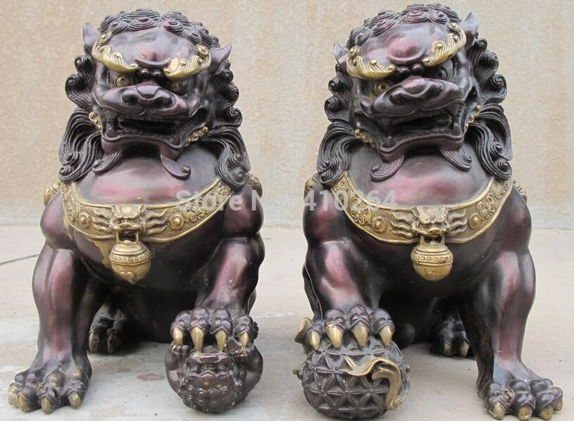

H 11 inch China Red Bronze Copper Feng Shui Evil Guardian Door Fu Foo Dog Lion Pair