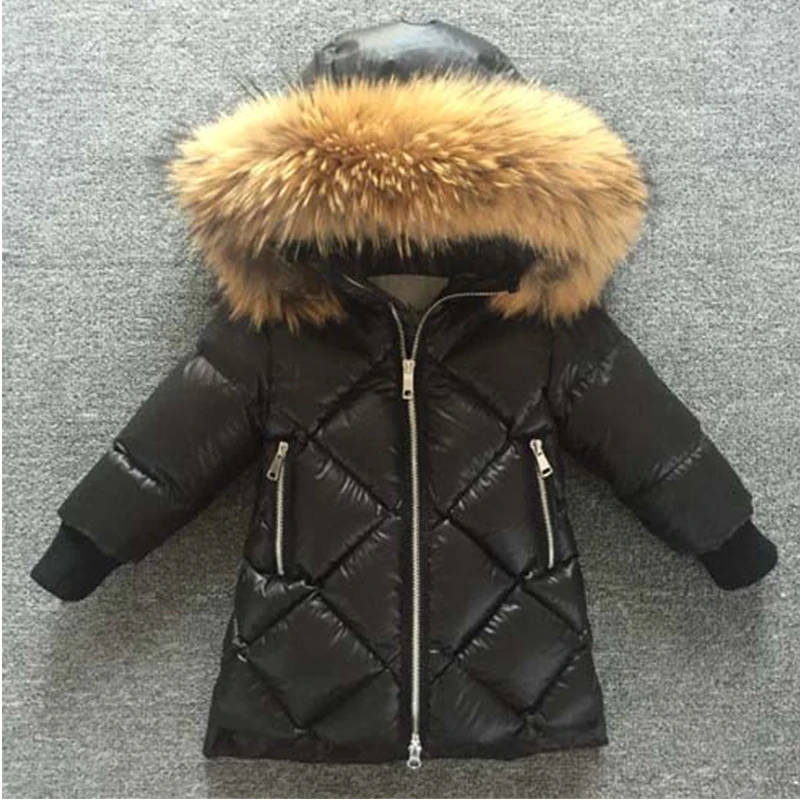 

Children'S Down Jacket Winter Jacket For Girl Boys High Quality Kids Winter coats Warm Leopard fur collar Hooded Jacket 1-14Y