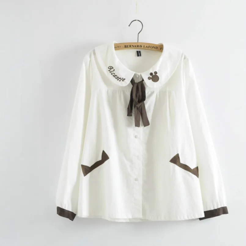 

MERRY PRETTY Women Letter Embroidery Blouse Preppy Style Long Sleeve Cotton Shirts Fashion Bow Turn down Collar white tops blusa