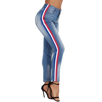 

Fashion Butt Lift France Flag Vertical Stripe Jeans for Women Sexy Ladies High Waist Push Up Pencil Jeans Denim Pants Plus Size