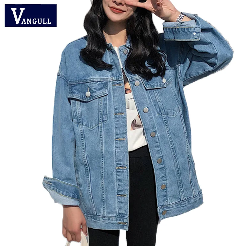 buy  Vangull 2019 Solid Turn-down Collar Jean Jacket for Women Loose Casual Blue Fashion Women Coats Fem