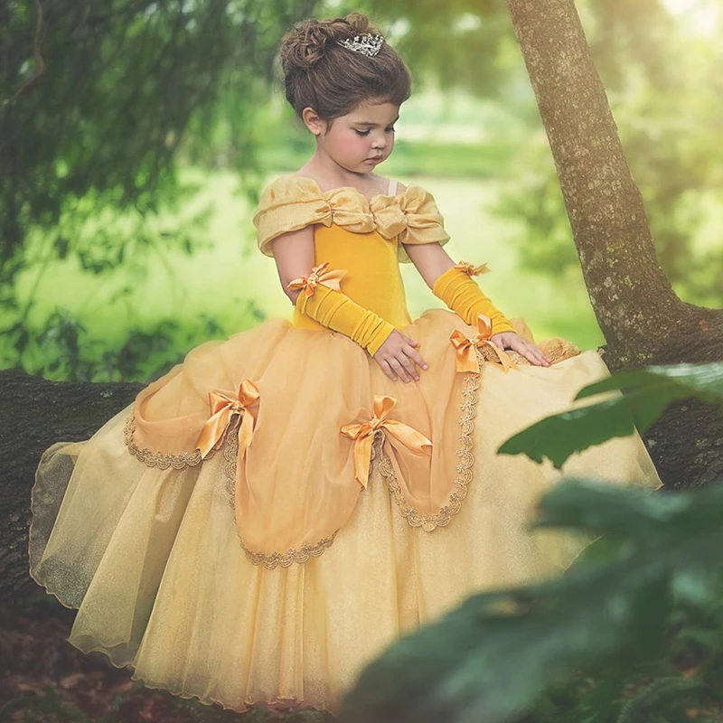 Высококачественное платье принцессы Белль для девочек Детские Желтые Вечерние платья Бальные Длинные платья для выпускного бала карнавальный костюм красавицы и чудовища
