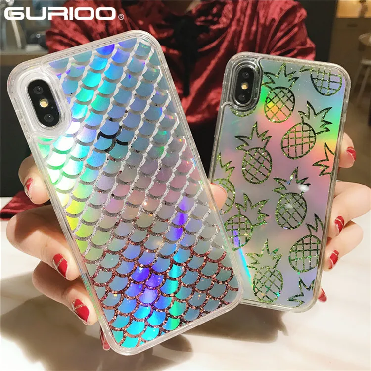 

Hot Pineapple Fruit Colorful Flash Box Fantasy Cartoon Mermaid Flake Laser Mobile Phone Case Cover for iPhone X 8 7 6s plus case