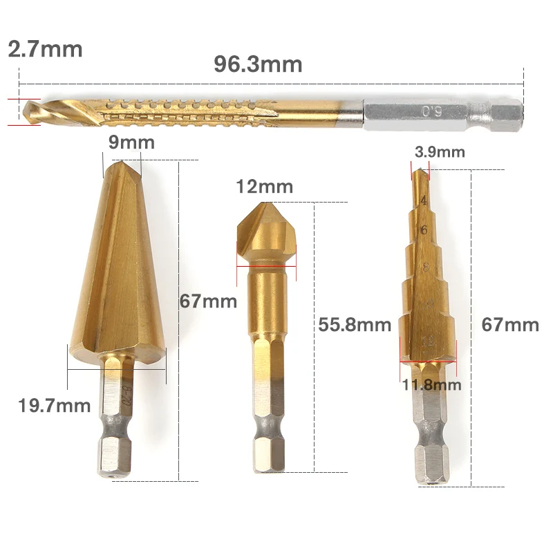4pcHSS Titanium Coated Hex shank Countersink Drill Step Drill Tapered Cone Drill Woodworking Power Tools Coated Countersink Bit 4pcHSS Titanium Coated Hex shank Countersink Drill Step Drill Tapered Cone Drill Woodworking Power Tools Coated Countersink Bit