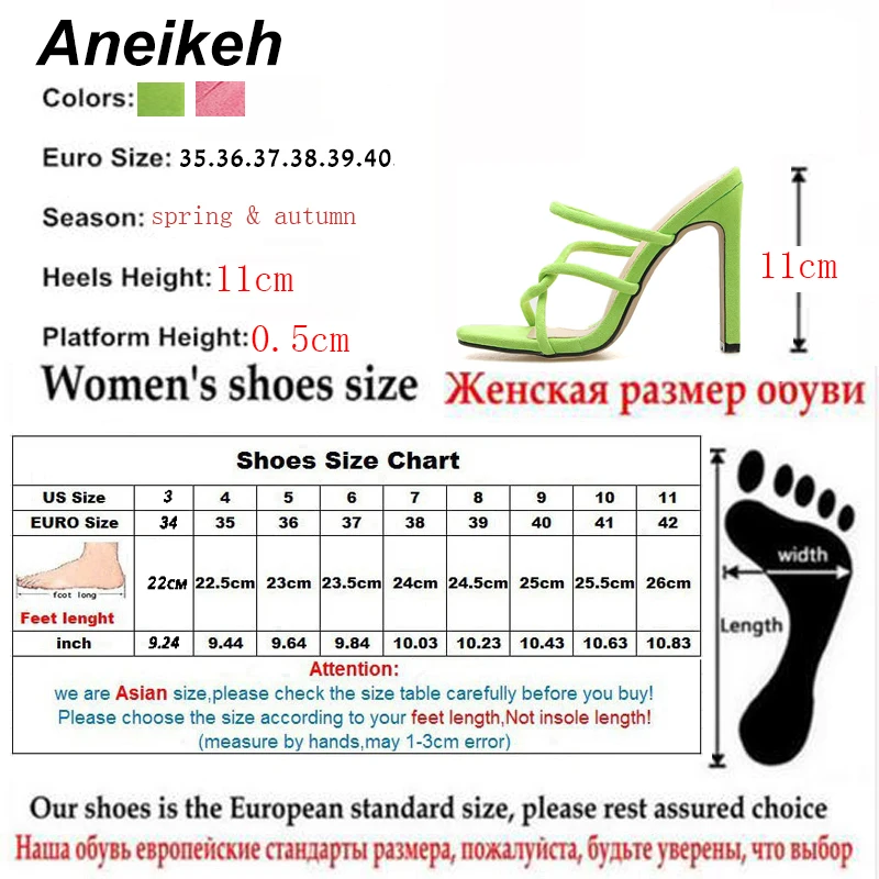 Aneikeh/ г. Модные шлепанцы из флока в гладиаторском стиле женские шлепанцы без задника на высоком квадратном каблуке с квадратным носком, повседневная обувь из PU искусственной кожи, черный, зеленый, розовый цвета, размеры 35-40