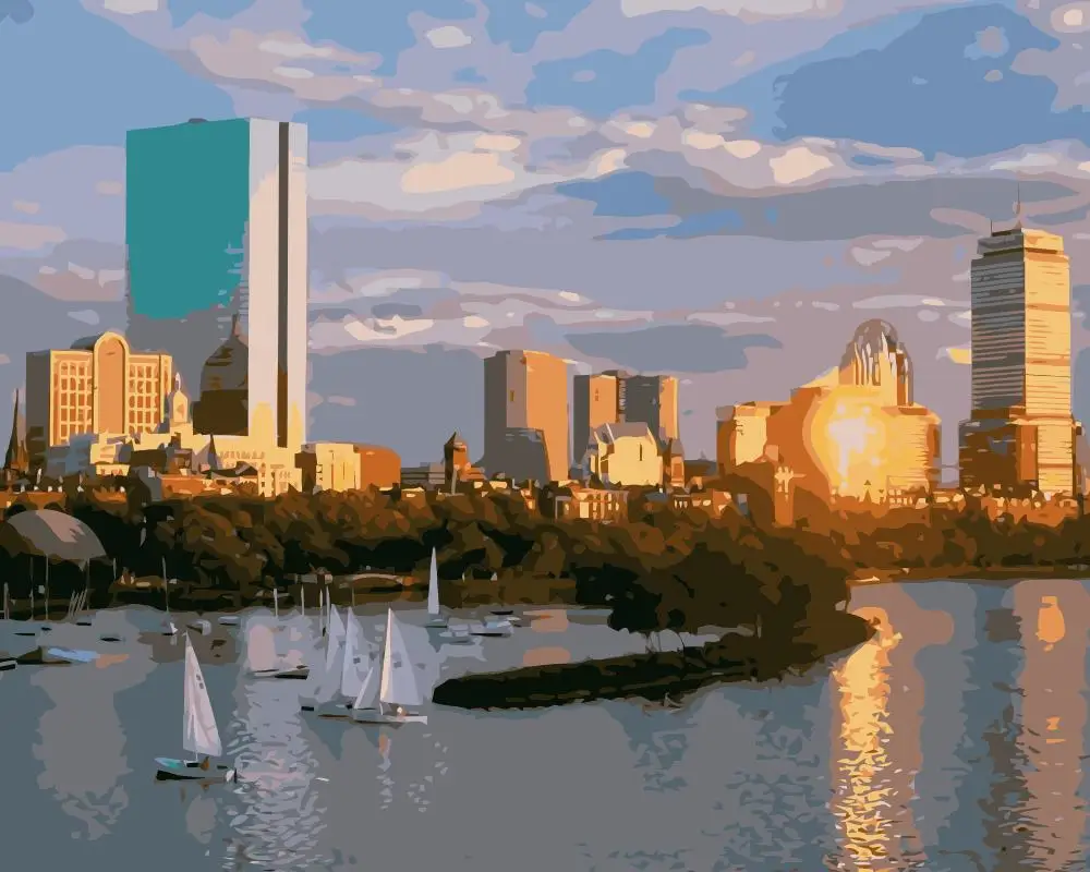 

MaHuaf-j315 Back Bay Boston Yacht Skyscraper DIY coloring by numbers Wall decoration painting