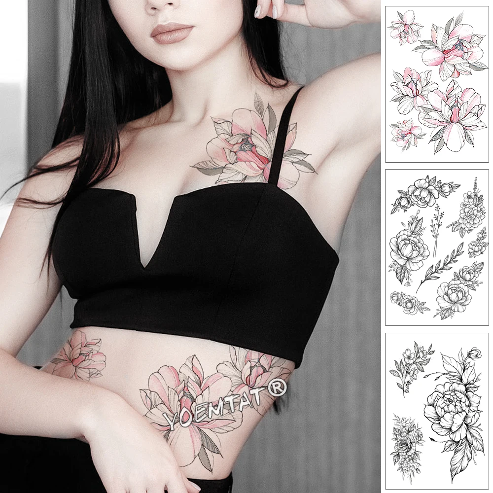 Розовый пион цветок розы водонепроницаемый временная татуировка наклейка черное тату боди-арт большая рука девушка Женщины Поддельные Татуировки