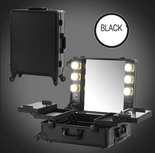 Black Makeup Case Lights Professional Rolling Cosmetic Station Box Black Makeup Case Lights Professional Rolling Cosmetic Station Box Large Portable Table Bag With Foldable Tray