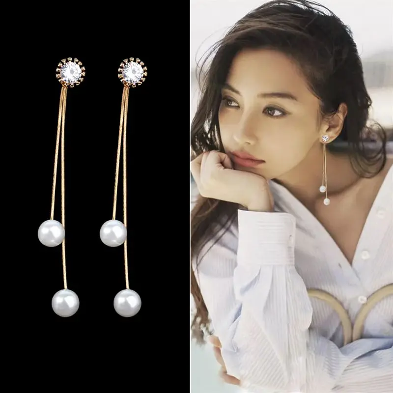 Elegant Pendientes Flecos Women Long Earring CZ Pearl Charm Pendent Snake Chain Tassel Earring Bridal Wedding Jewelry