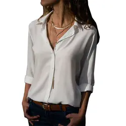 Плюс Размеры 3XL Для женщин Шифоновая Блузка Кнопка V шеи длинным рукавом Женские офисные рубашки модные однотонные Цвет свободные женские