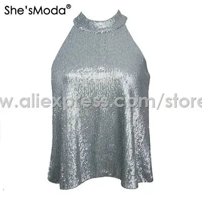 She'sModa Biling Sequins Gold Холтер Топ женские спандекс Клубные вечерние майки жилет - Цвет: grey