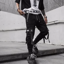 2019 Men Streetwear Joggers Multi-pocket Harem Hip Pop Trousers Black Ribbons Hombre Broadcloth Male Military Pencil Pants Loose