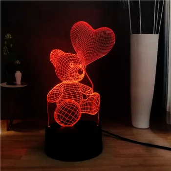 

Illusion RGB 3D Cute Baby Teddy Bear Hold Love Heart Balloon LED 7 Color Change Bedside Dec USB Table Night Mood Lamp Kids Gift